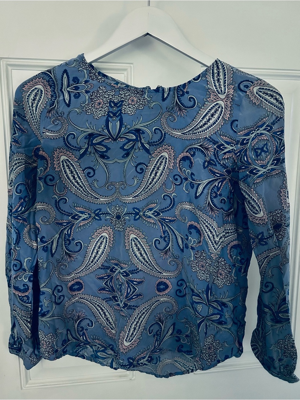 Yumi Kim Blue Paisley Silk Blouse with Pink Accents
